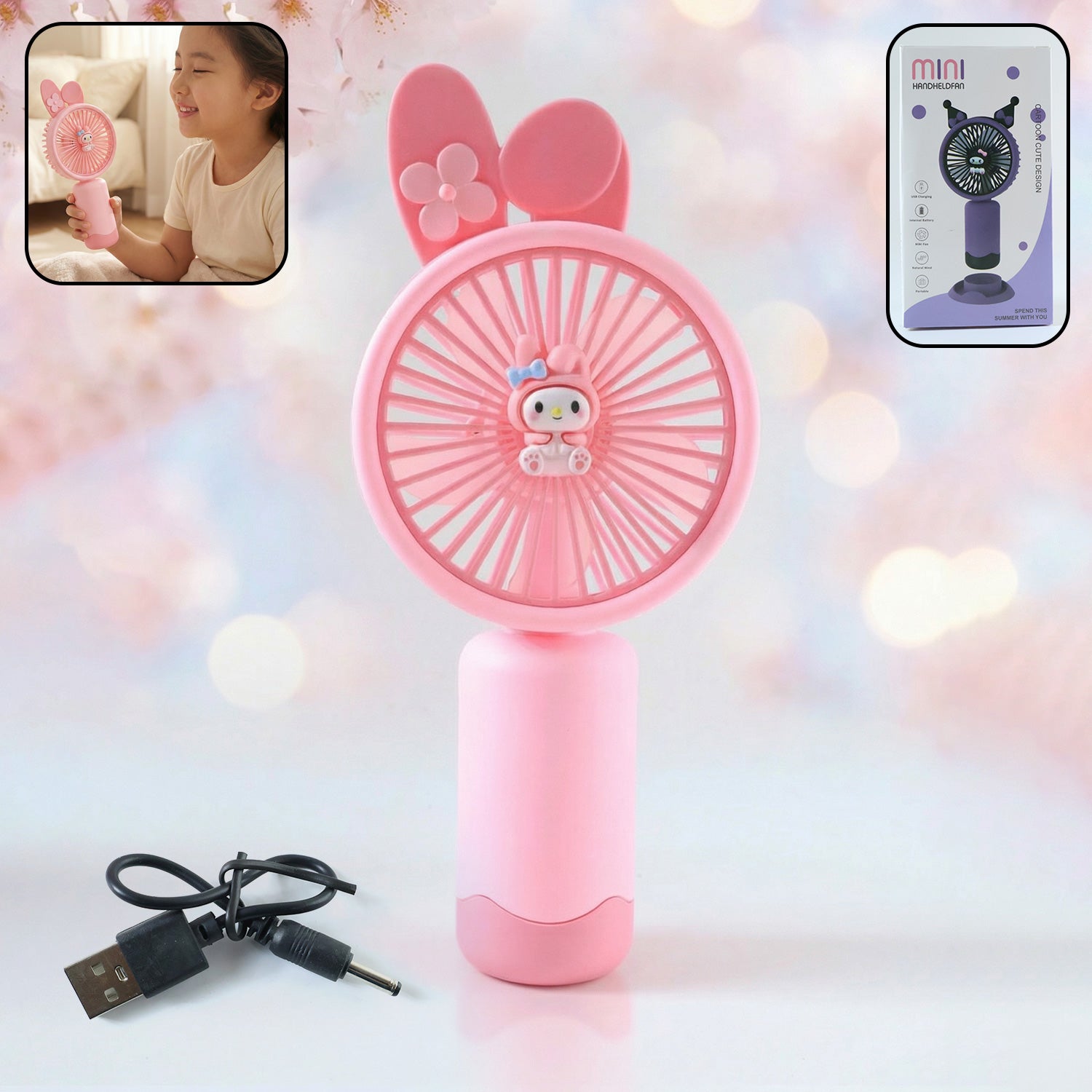 Cute Cartoon Design Rechargeable Mini Handheld Fan (1 Pc)