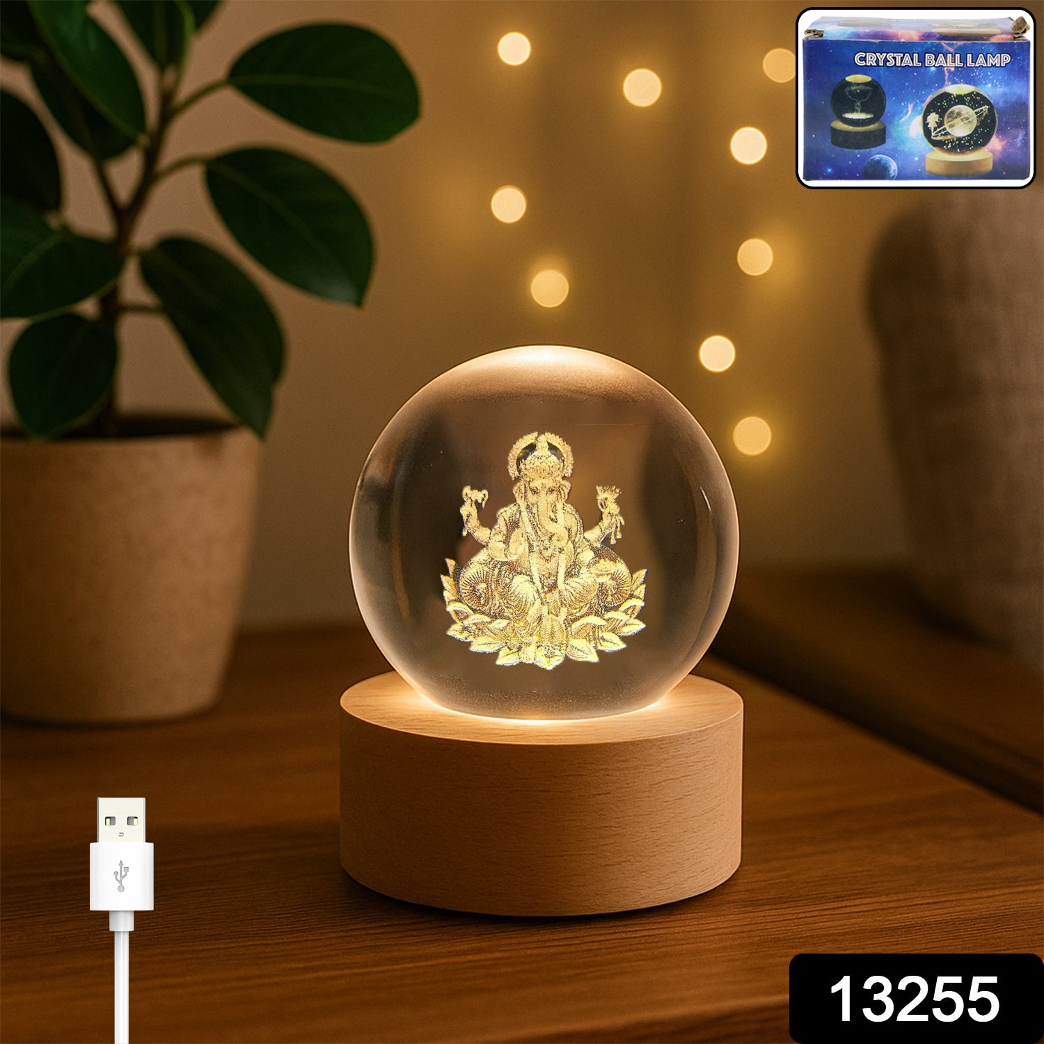 Ganpati 3d Crystal Ball Lamps With Wood Base