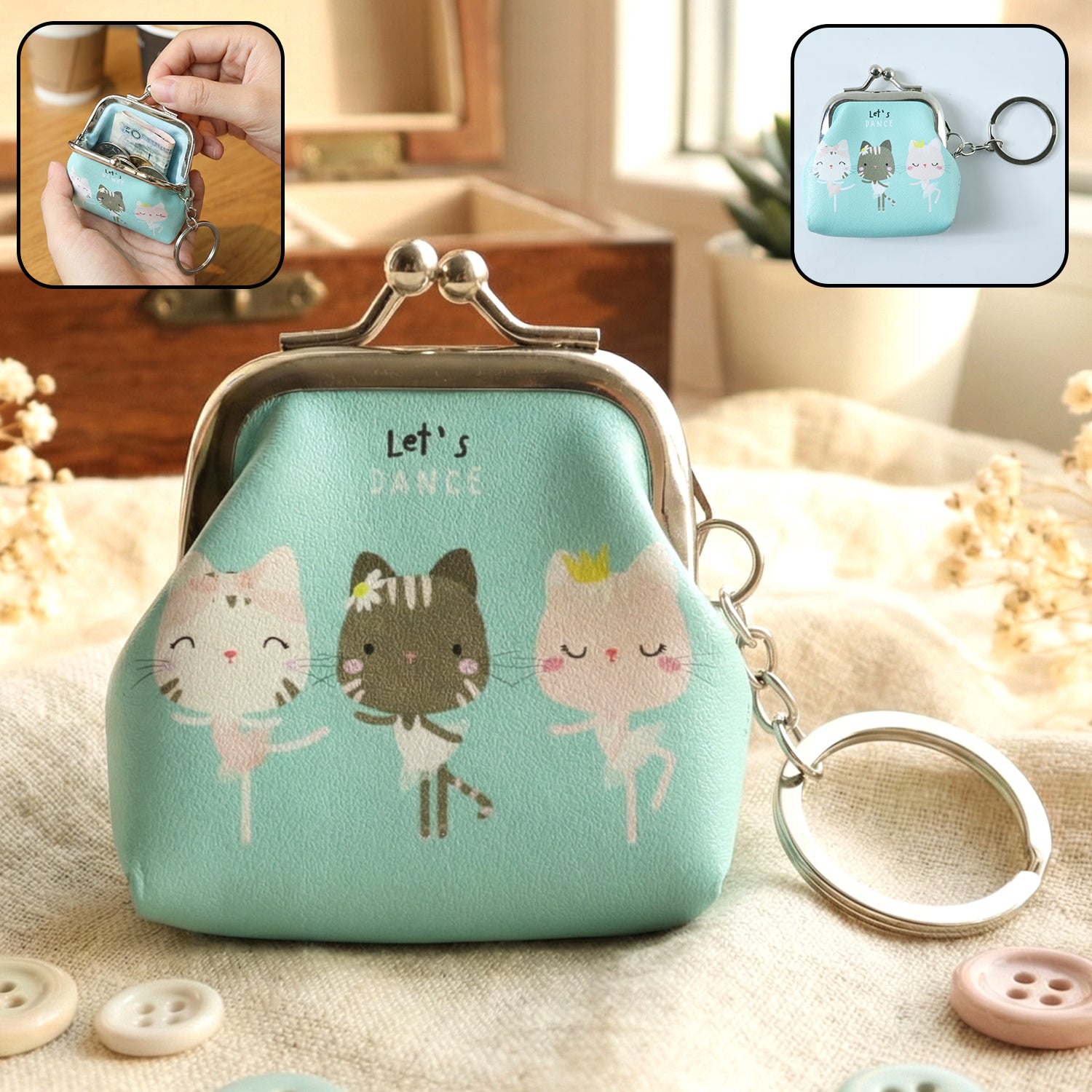 Cute Cartoon Cat Printed Mini Coin Purse Keychain (1 Pc)
