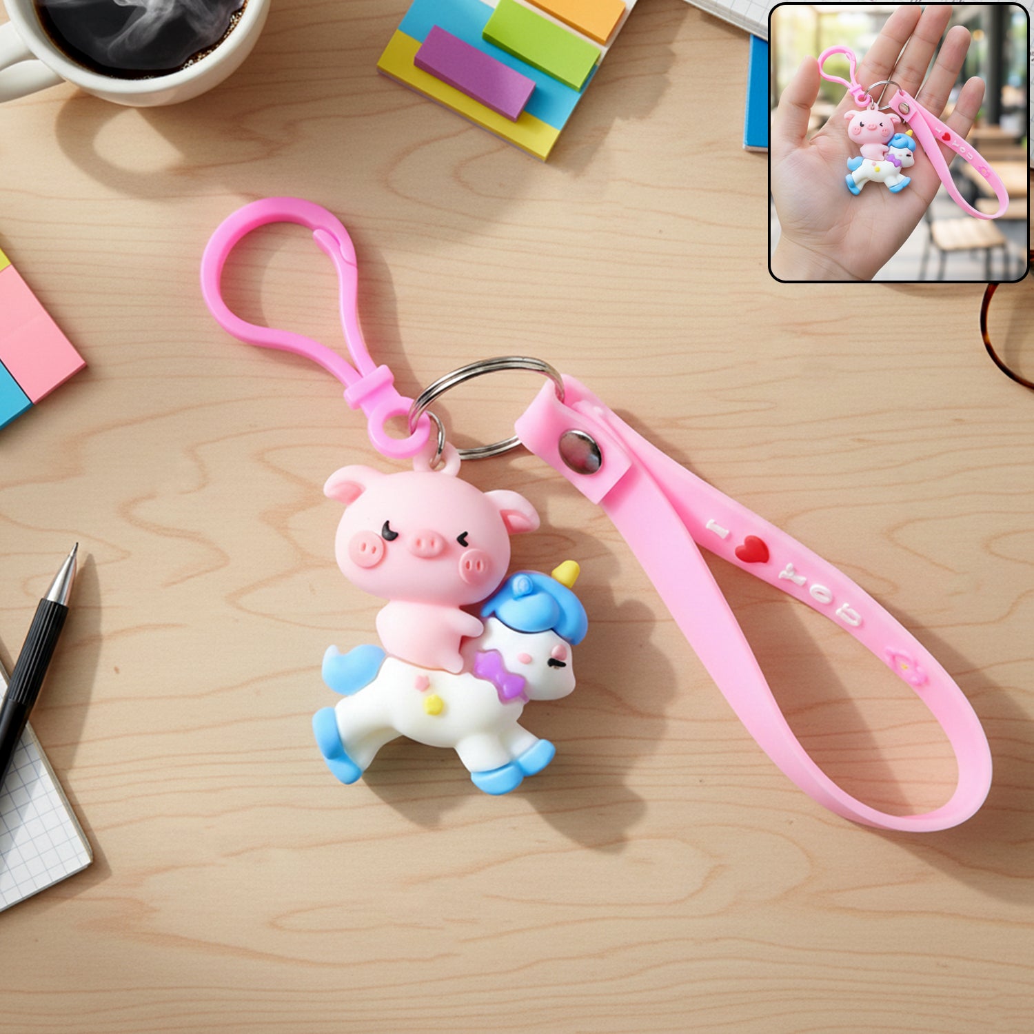 Cute Pig Riding Unicorn Cartoon Keychain (1 Pc)