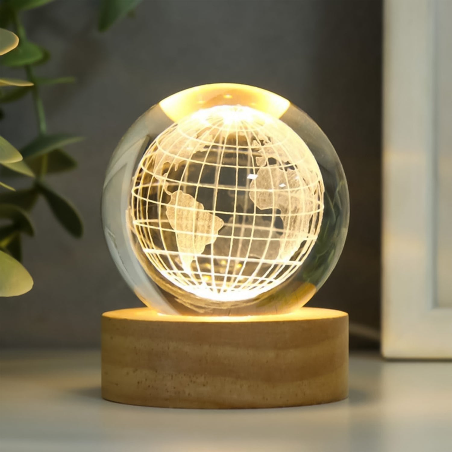 World 3d Crystal Ball Lamps With Wood Base (1 Pc)